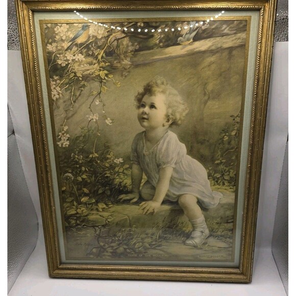 Vintage Framed Zula Kenyon Art Print Girl With Bluebird 12 X 15 - Picture 1 of 7